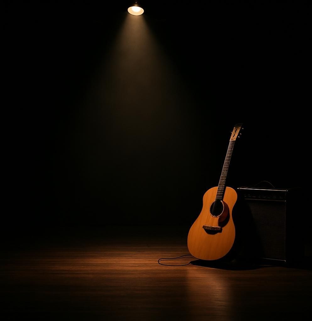 Een verlichte, lege concertpodium met een gitaar tegen een versterker