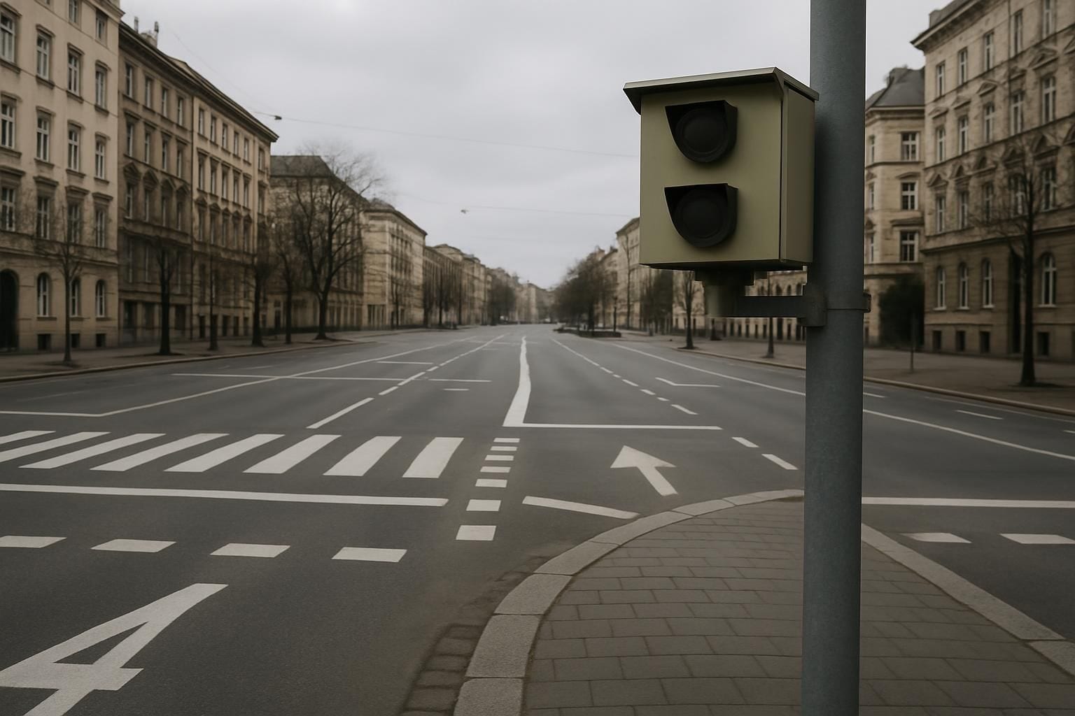 Een verkeerscamera op een paal bij een kruispunt in de stad